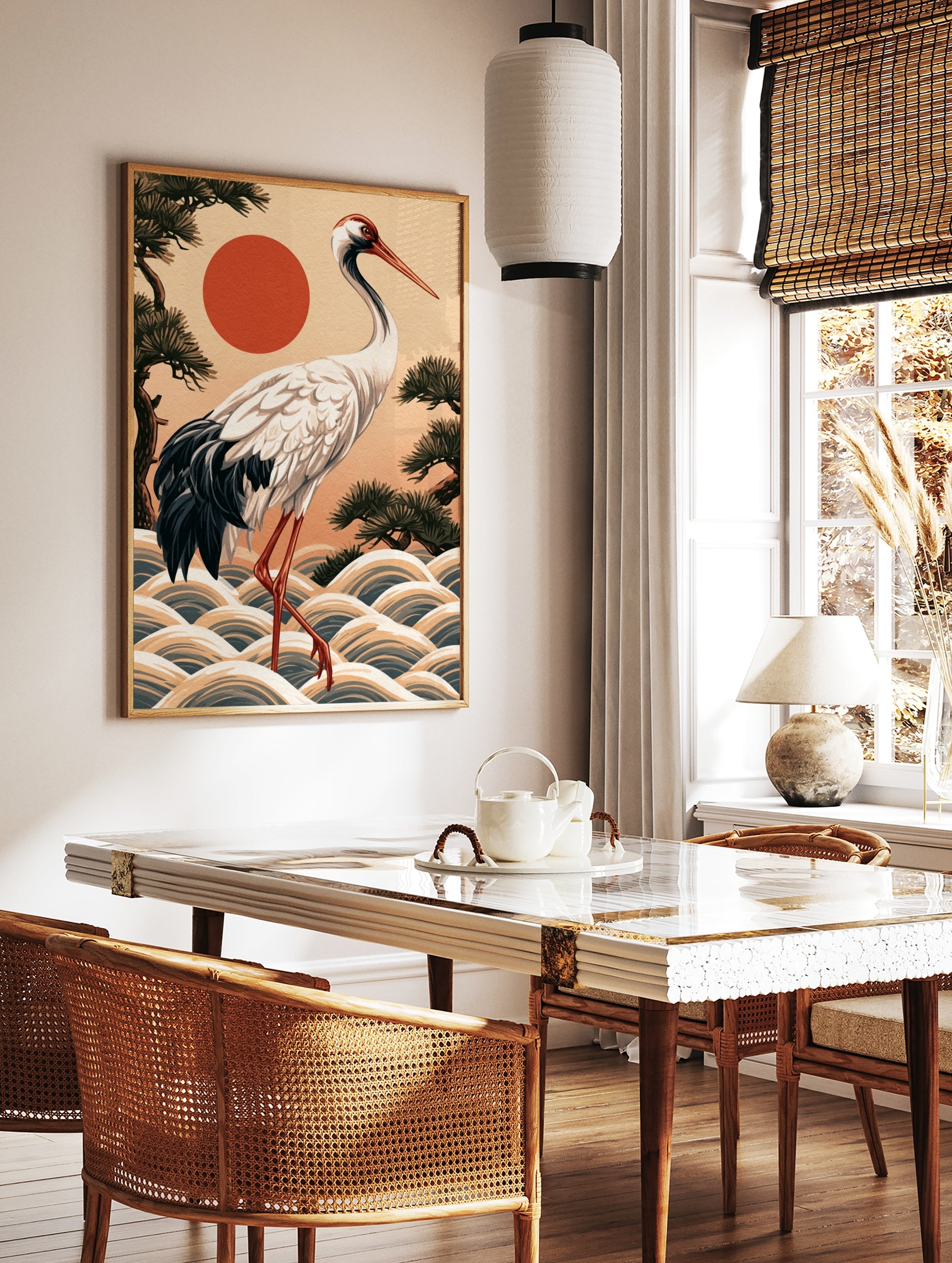 Japanese red-crowned crane illustration with stylized waves, pine trees, and a red sun, art print, in a styled room mockup