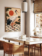 Japanese red-crowned crane illustration with stylized waves, pine trees, and a red sun, art print, in a styled room mockup