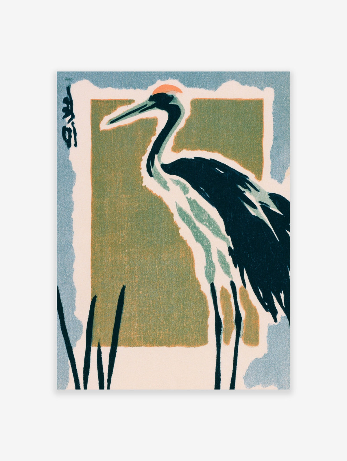 Japanese crane wall art featuring a red-crowned bird in a minimalist illustrative style on a green and blue background