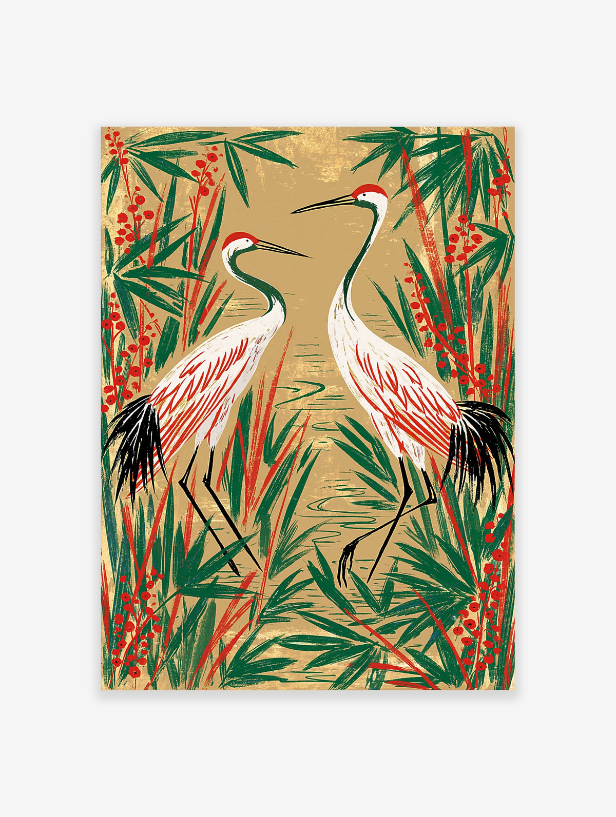 Two red-crowned cranes among green bamboo and red berries on a gold background, Japanese style art print