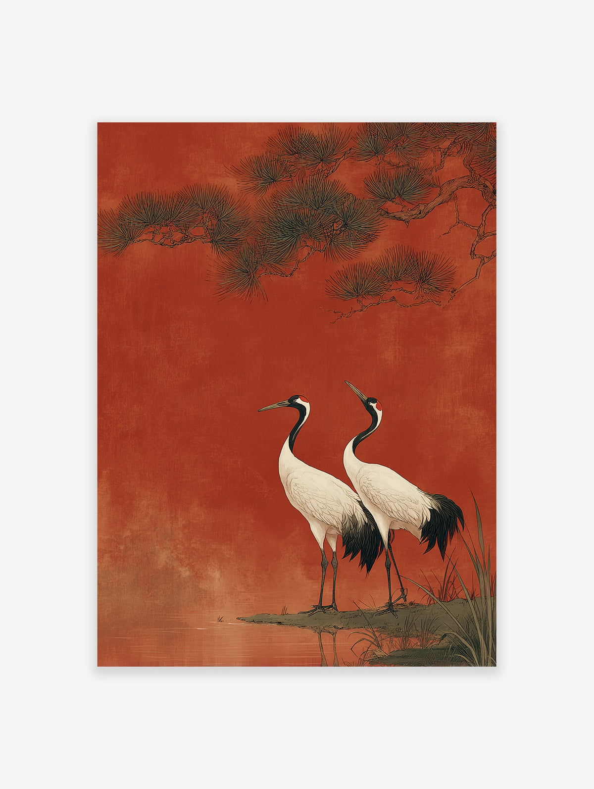 Two Japanese cranes with white bodies and black necks standing by water under pine branches against a textured red background.