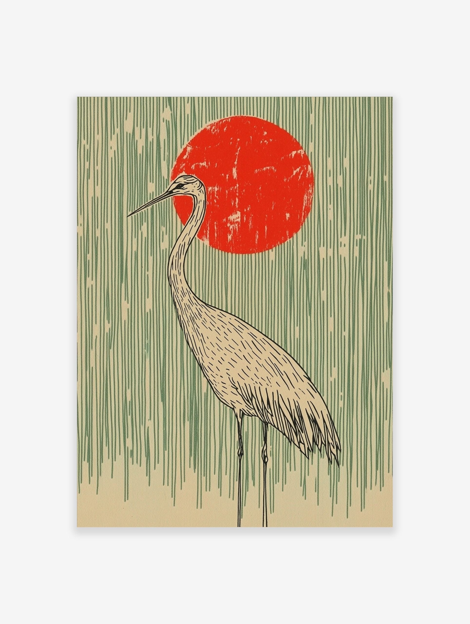 Illustrative Japanese crane standing against a red sun and vertical green lines on a beige background