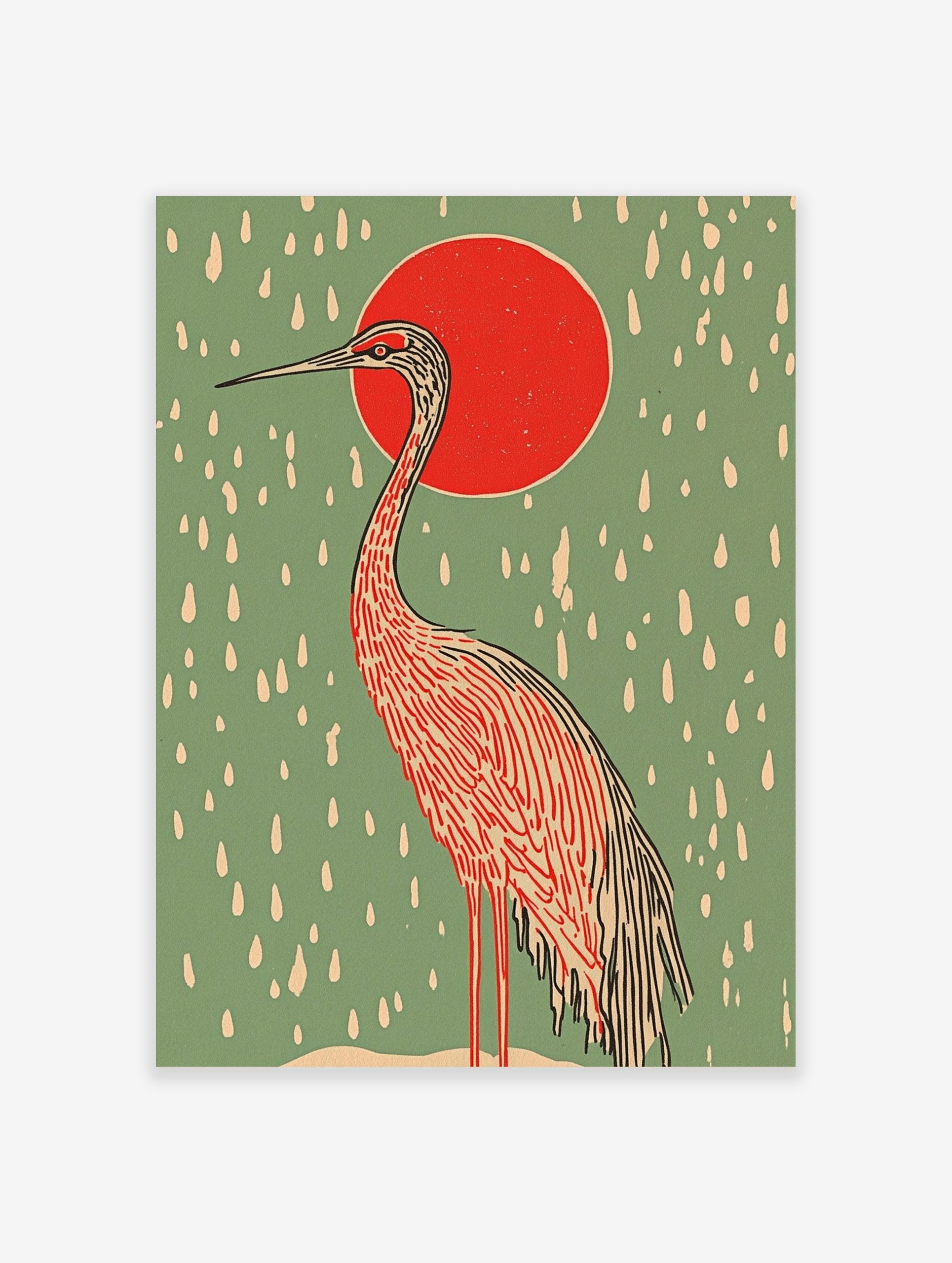 Illustrative Japanese crane with red sun and white rain on sage green background, portrait orientation