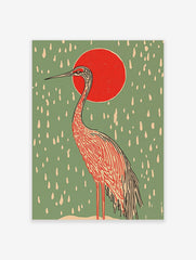 Illustrative Japanese crane with red sun and white rain on sage green background, portrait orientation
