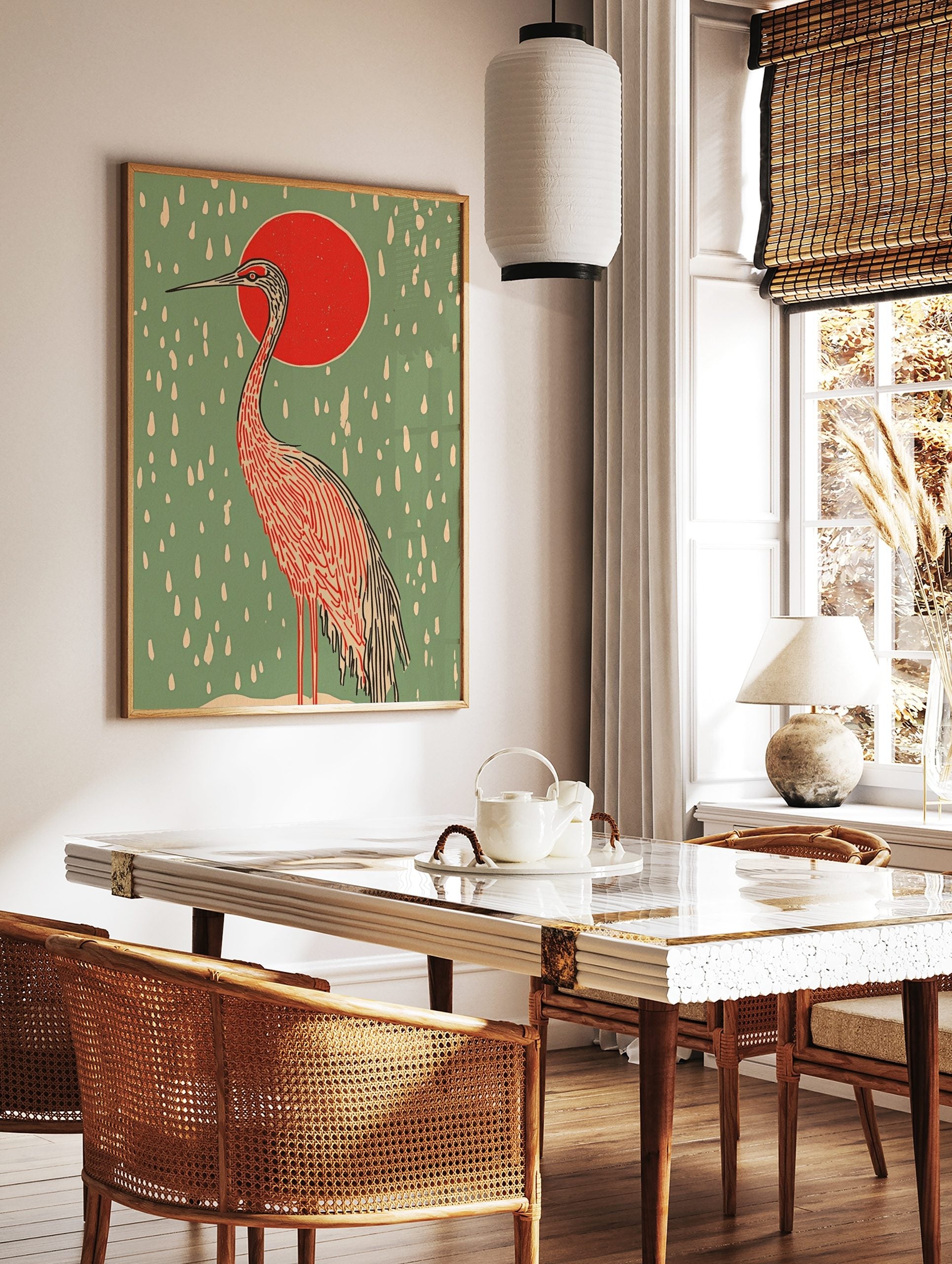 Illustrative Japanese crane with red sun and white rain on sage green background, portrait, in a styled room mockup