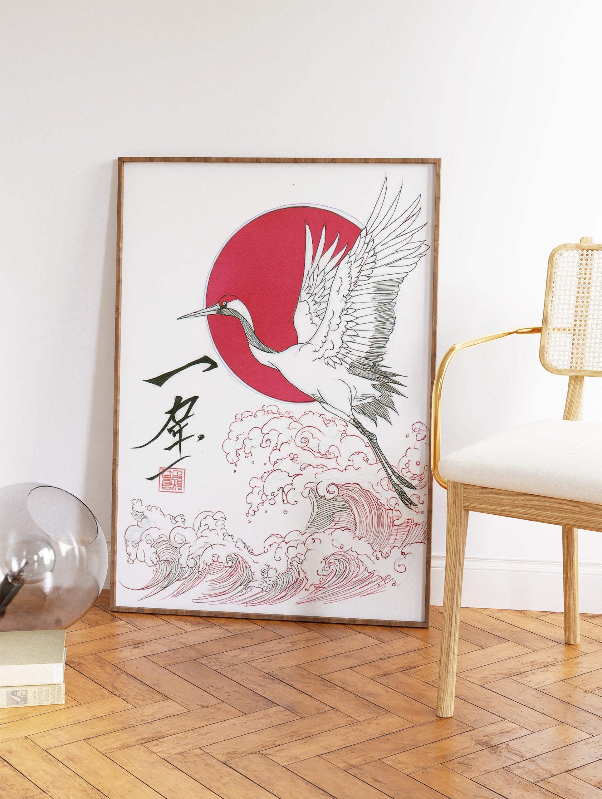 Japanese crane bird flying over red waves with a red sun background, traditional Asian illustration wall art. - Image 2