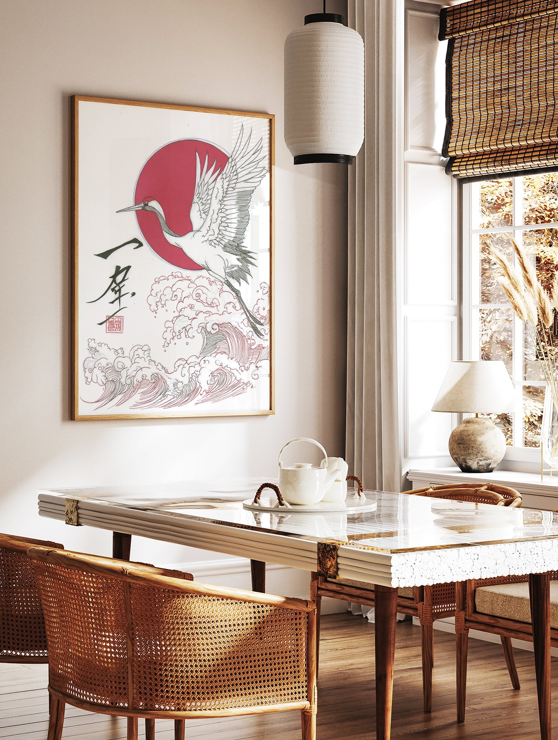 Japanese crane bird flying over red waves with a red sun background, traditional Asian illustration wall art. - Image 3