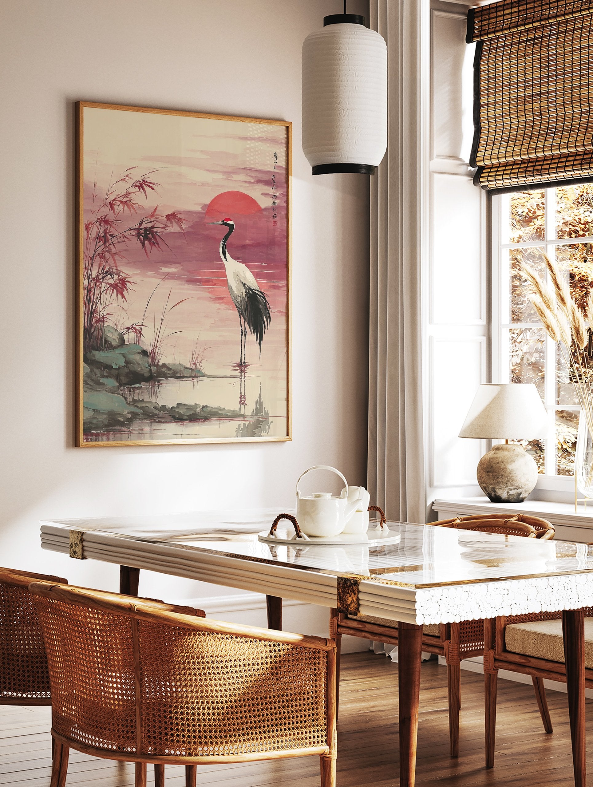 Japanese Red-crowned Crane Wall Art in water at sunset with a red sun, reeds, and rocks in a traditional watercolor style. - Image 2