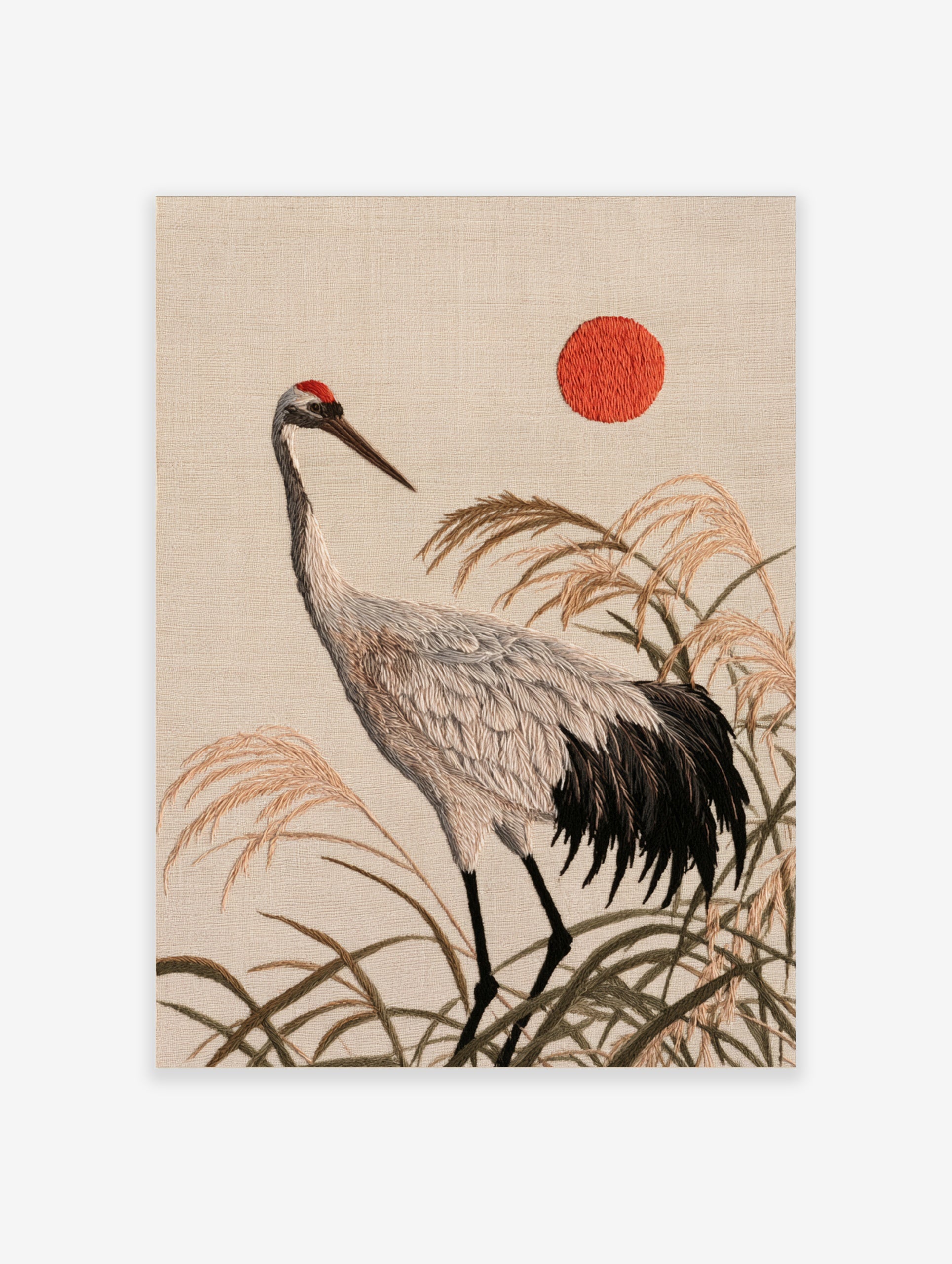 Japanese red-crowned crane illustration with tall reeds and a red sun, textured embroidery-style nature wall art print