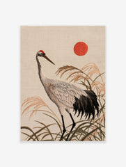 Japanese red-crowned crane illustration with tall reeds and a red sun, textured embroidery-style nature wall art print