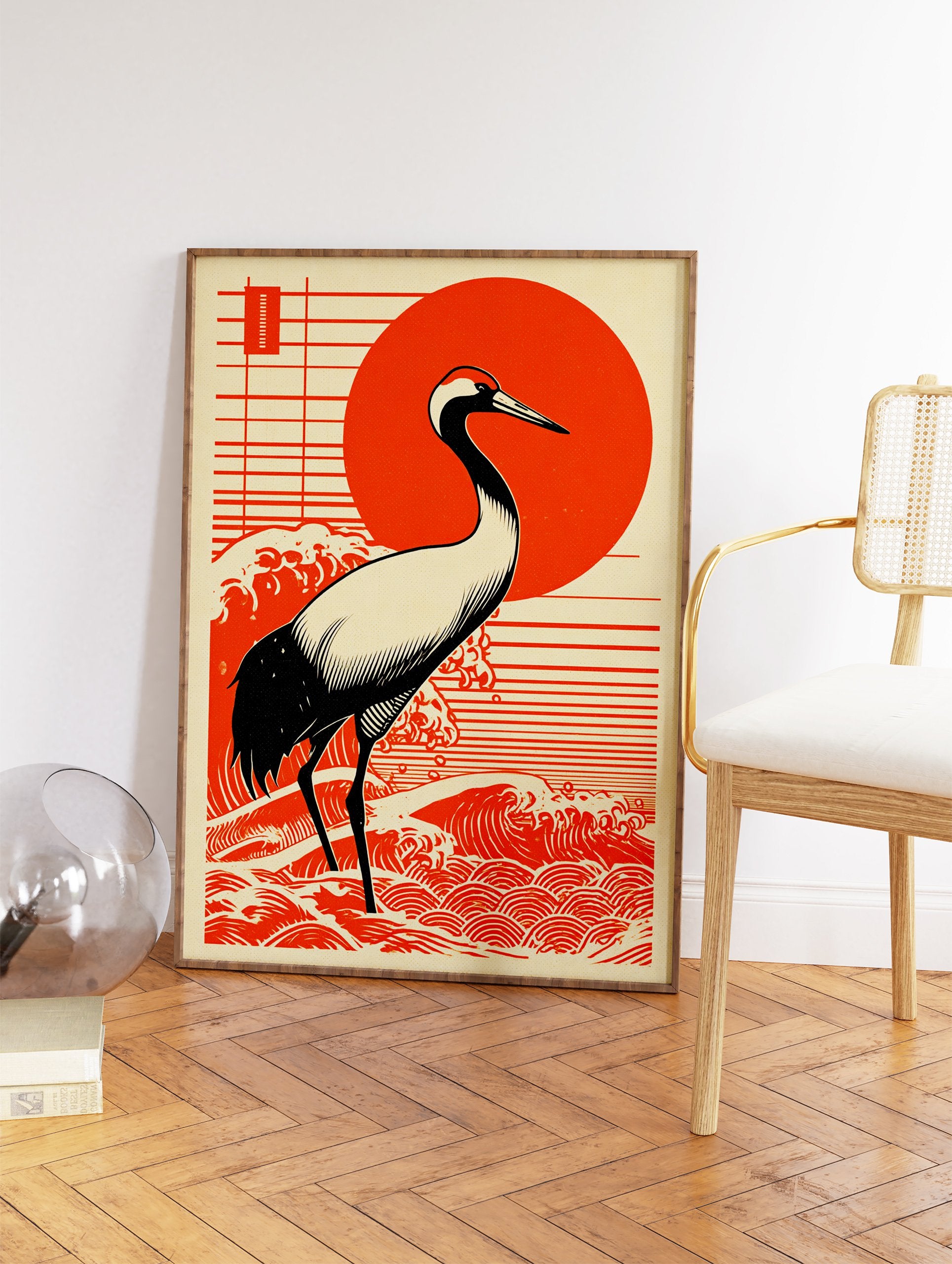 Japanese Crane Wall Art print with a red-crowned crane, red sun, and stylized waves in Ukiyo-e art style. - Image 2