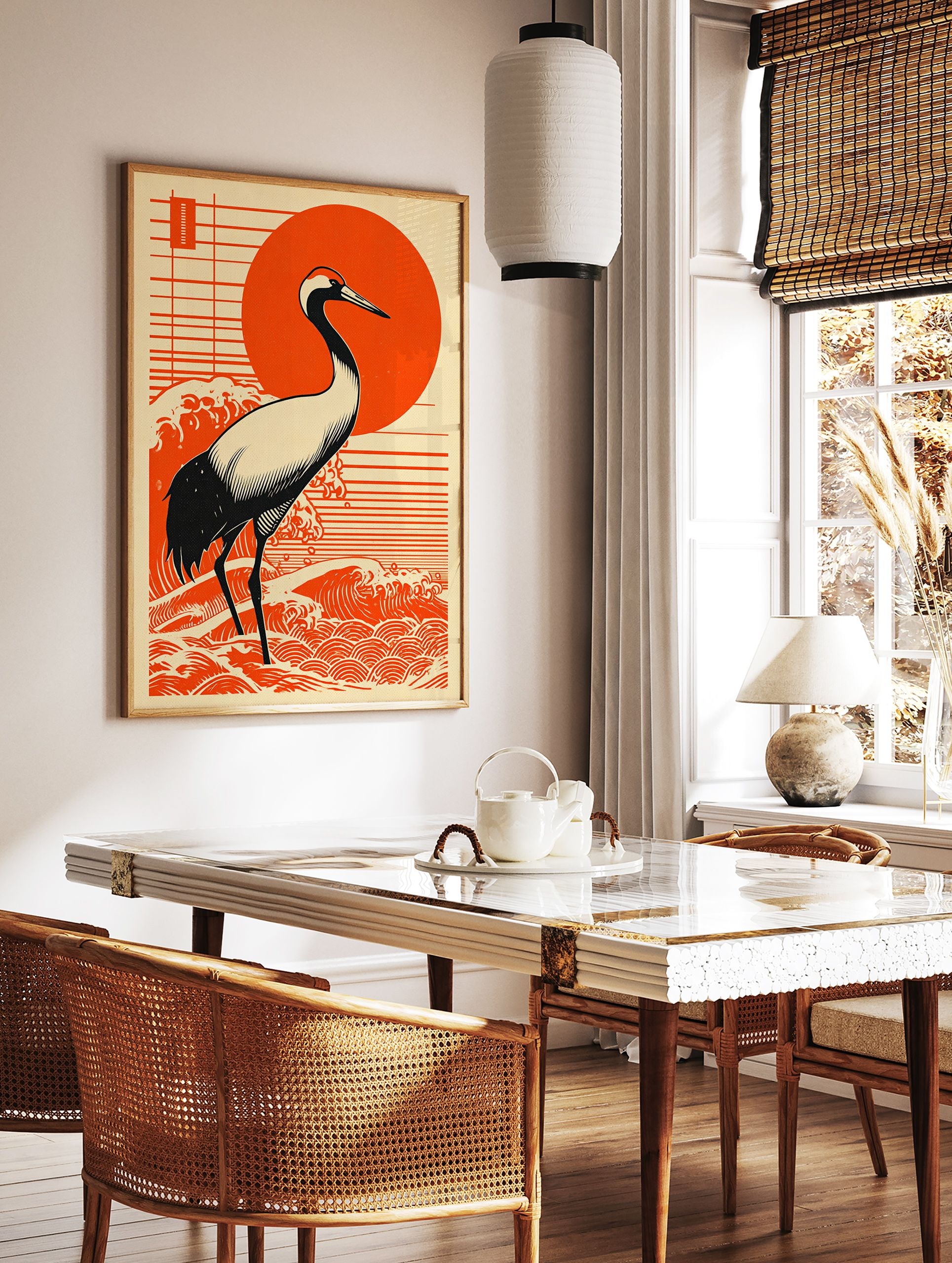 Japanese Crane Wall Art print with a red-crowned crane, red sun, and stylized waves in Ukiyo-e art style. - Image 3