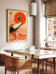 Japanese Crane Wall Art print with a red-crowned crane, red sun, and stylized waves in Ukiyo-e art style. - Image 3