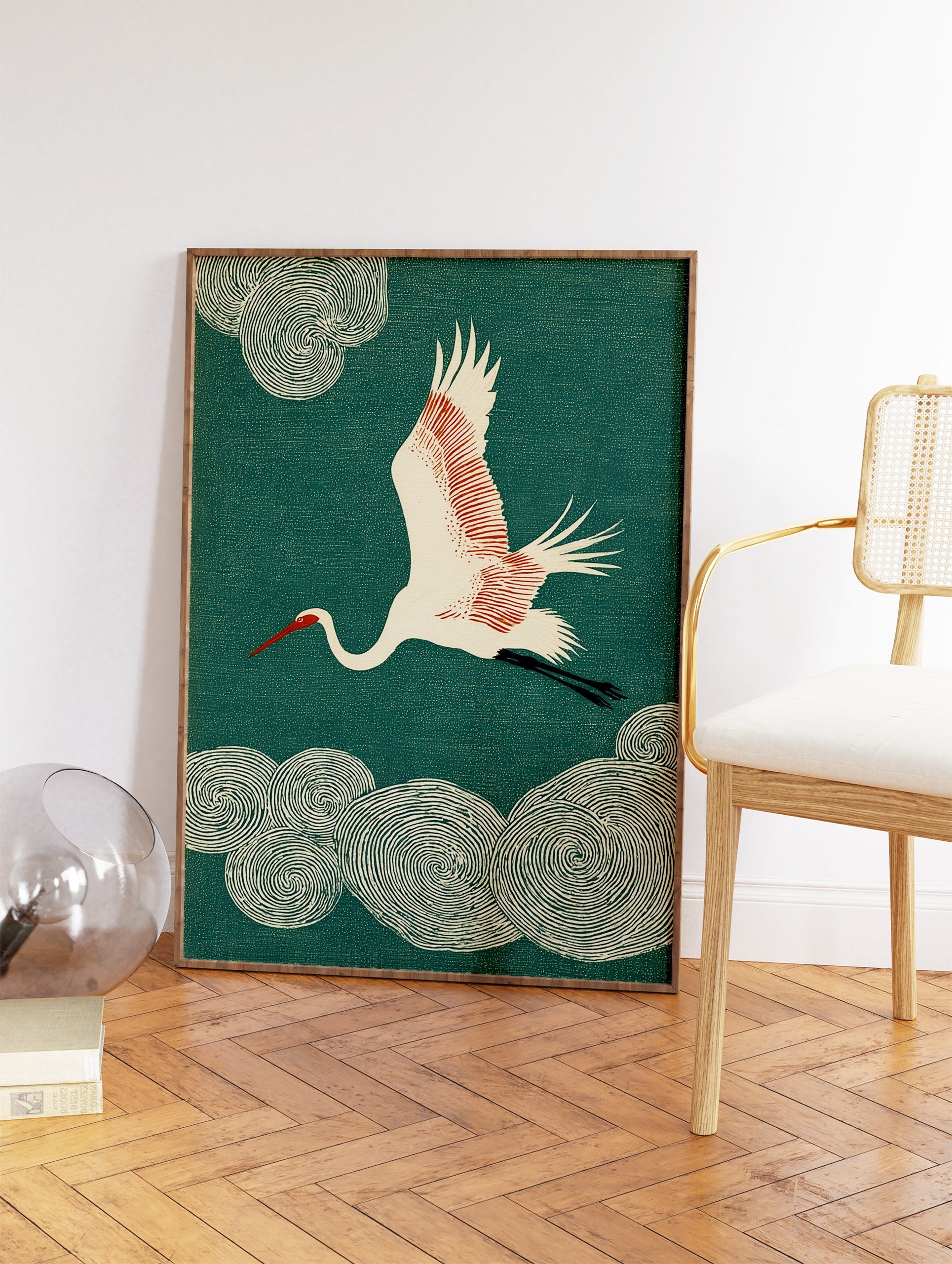 Japanese crane wall art print featuring a white crane with red accents flying against a teal background with swirling clouds. - Image 2