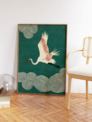Japanese crane wall art print featuring a white crane with red accents flying against a teal background with swirling clouds. - Image 2