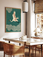 Japanese crane wall art print featuring a white crane with red accents flying against a teal background with swirling clouds. - Image 3