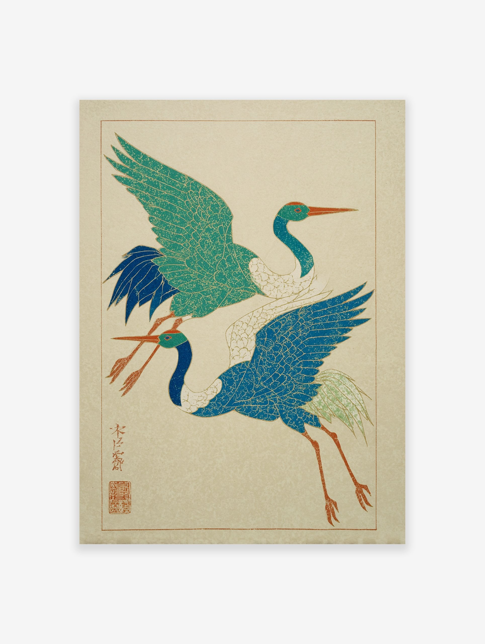 Japanese Crane Wall Art featuring two flying cranes, one teal and one blue, in a traditional illustrative style.