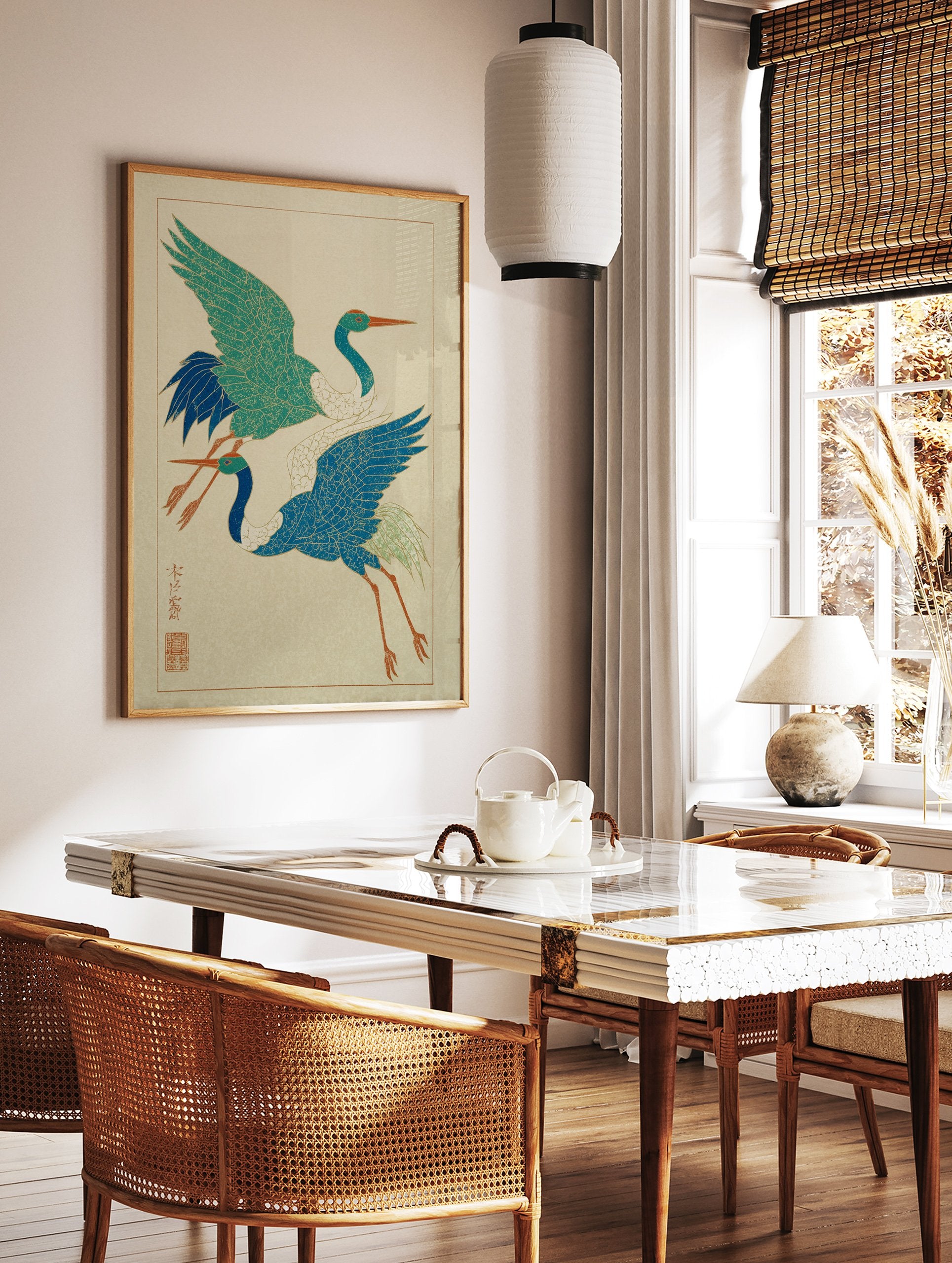 Japanese Crane Wall Art featuring two flying cranes, one teal and one blue, in a traditional illustrative style. - Image 2