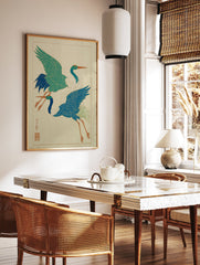 Japanese Crane Wall Art featuring two flying cranes, one teal and one blue, in a traditional illustrative style. - Image 2