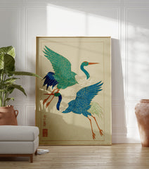 Japanese Crane Wall Art featuring two flying cranes, one teal and one blue, in a traditional illustrative style. - Image 3