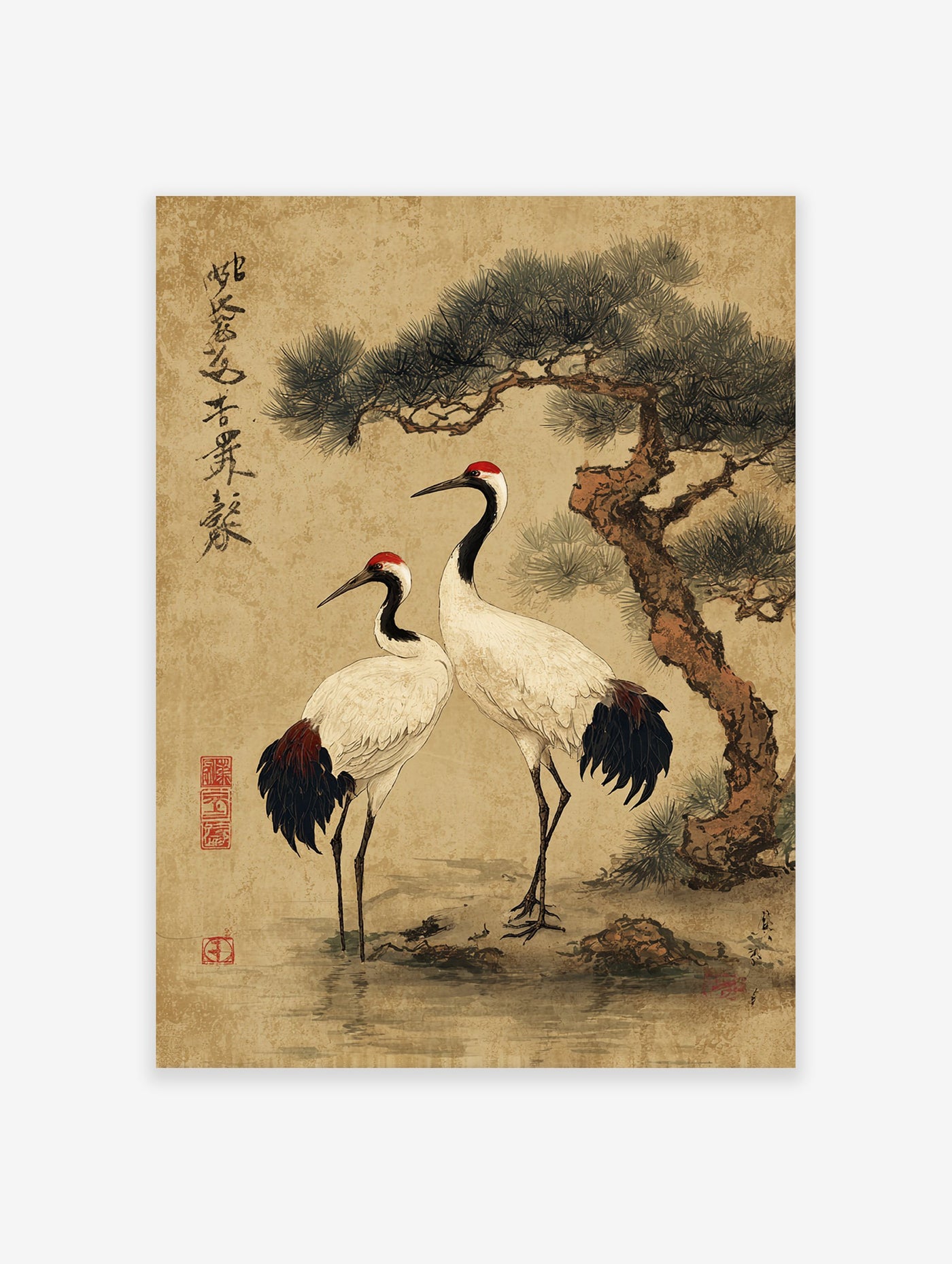 Traditional Japanese wall art print depicting two red-crowned cranes under a pine tree with calligraphy.