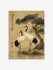 Traditional Japanese wall art print depicting two red-crowned cranes under a pine tree with calligraphy.