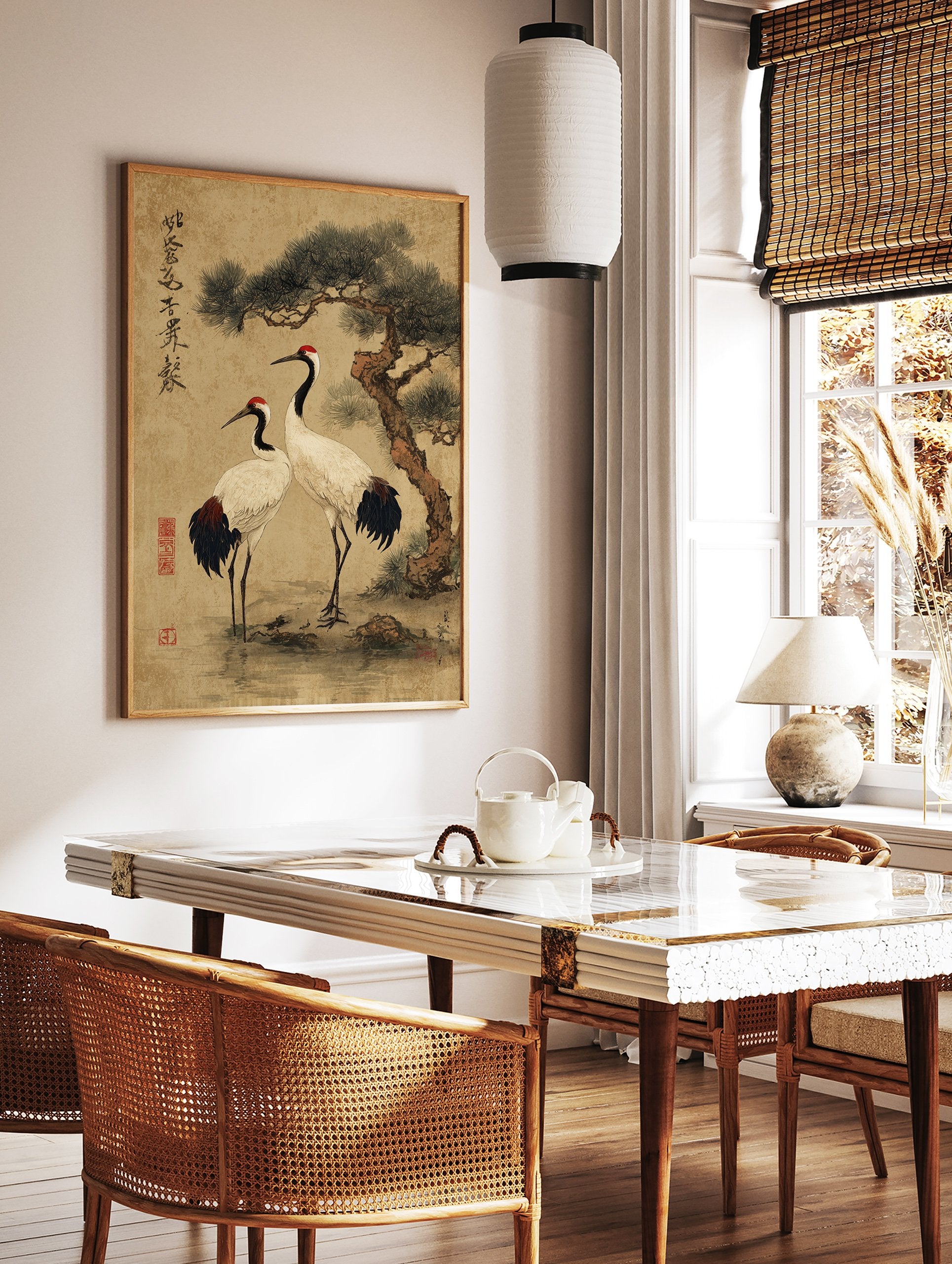 Traditional Japanese wall art print depicting two red-crowned cranes under a pine tree with calligraphy. - Image 2