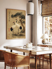 Traditional Japanese wall art print depicting two red-crowned cranes under a pine tree with calligraphy. - Image 2