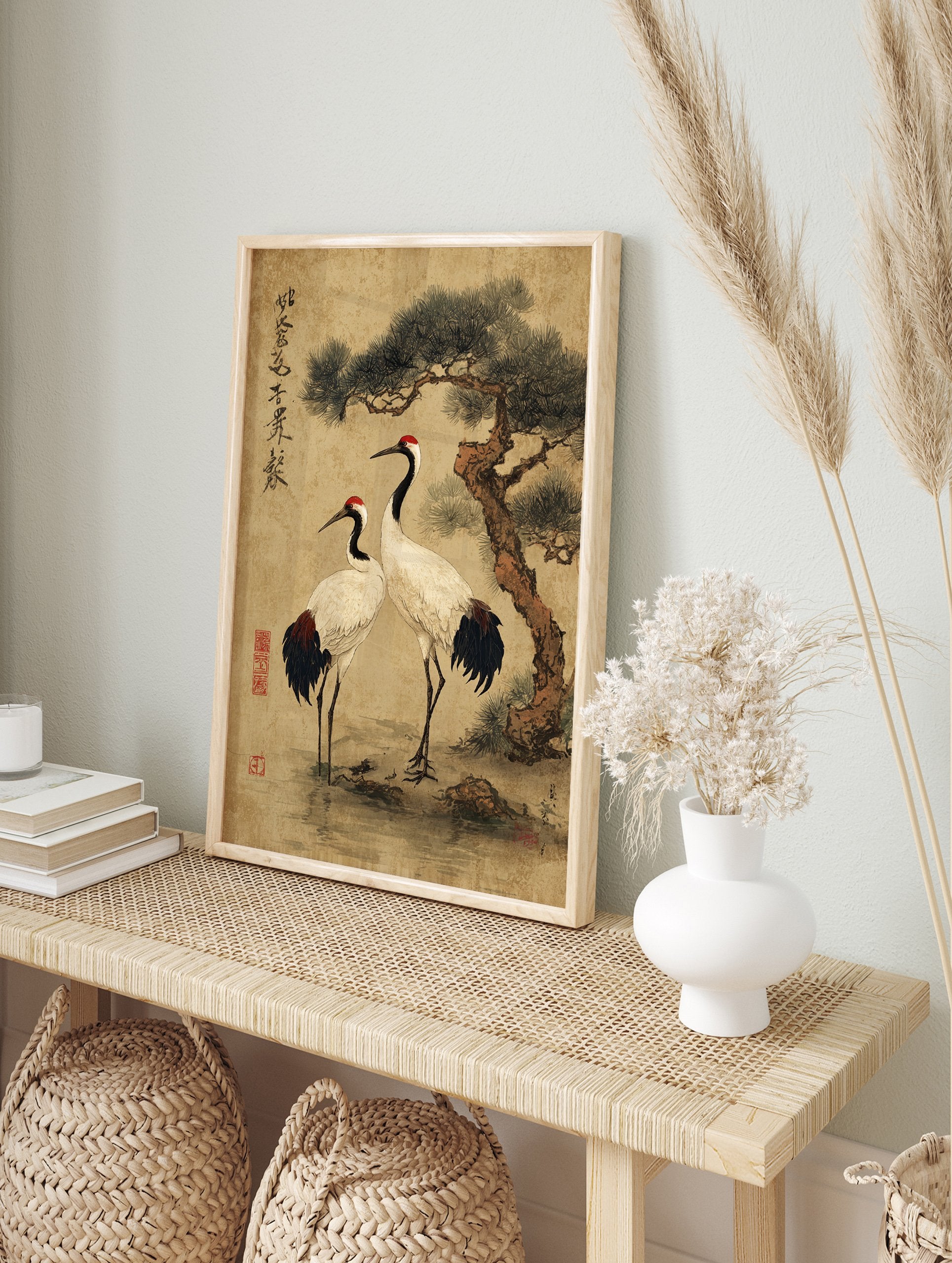 Traditional Japanese wall art print depicting two red-crowned cranes under a pine tree with calligraphy. - Image 3