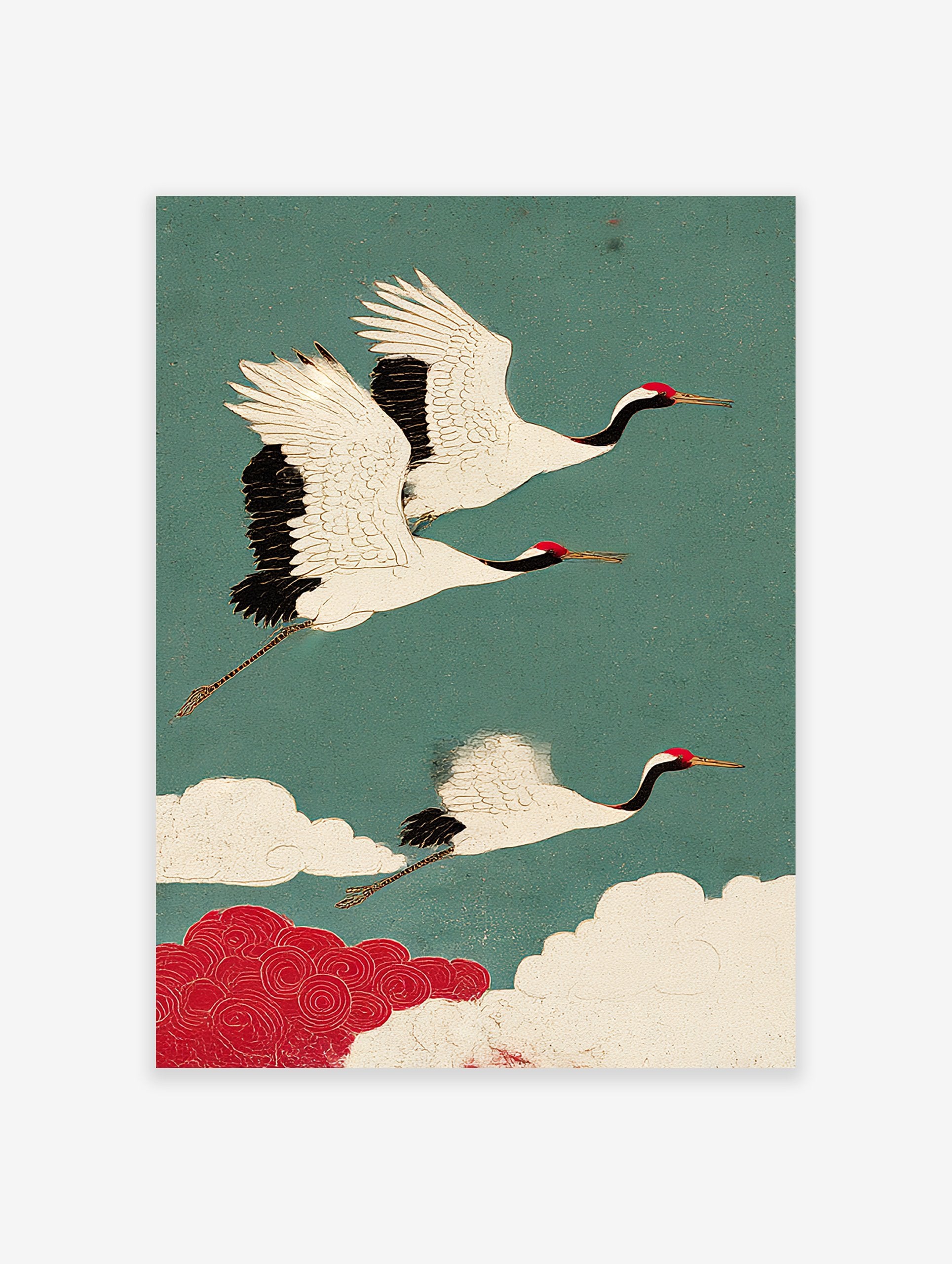 Traditional Japanese Crane Wall Art showing three white cranes with red heads flying in a teal sky with red and white clouds.