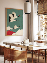Traditional Japanese Crane Wall Art showing three white cranes with red heads flying in a teal sky with red and white clouds. - Image 2