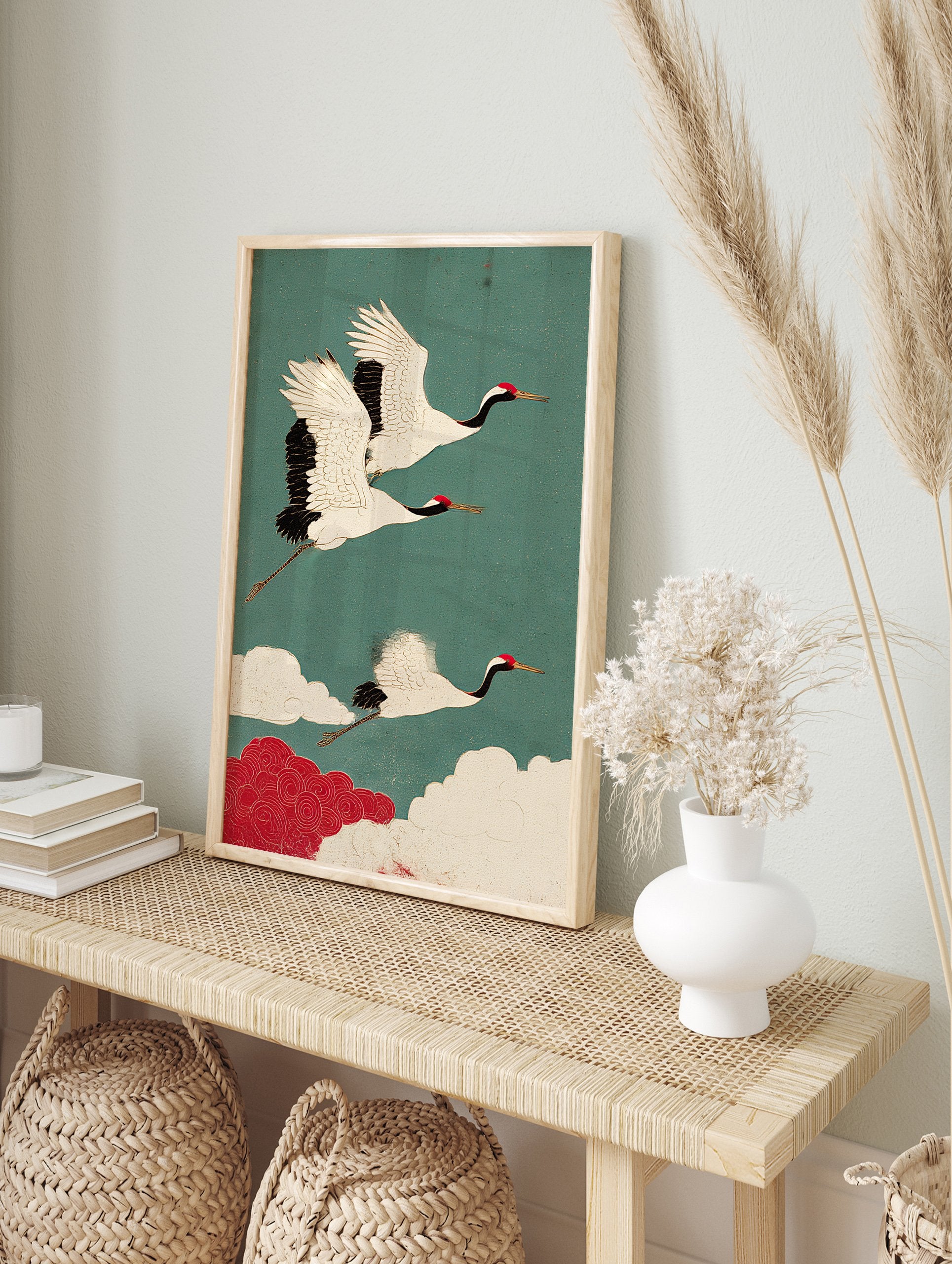 Traditional Japanese Crane Wall Art showing three white cranes with red heads flying in a teal sky with red and white clouds. - Image 3