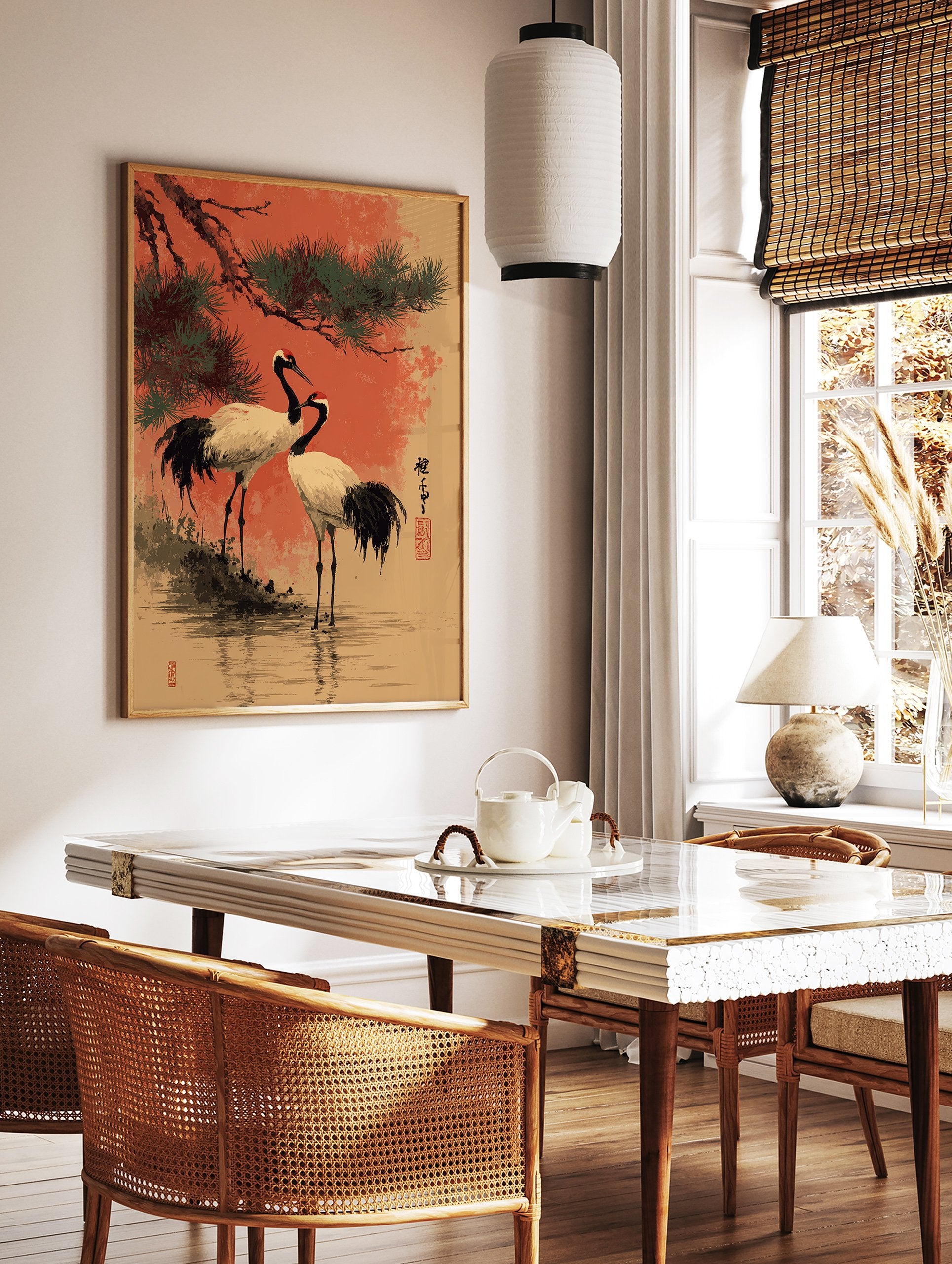 Japanese Crane Wall Art depicting two red-crowned cranes under a pine tree in traditional art style with an orange background. - Image 2