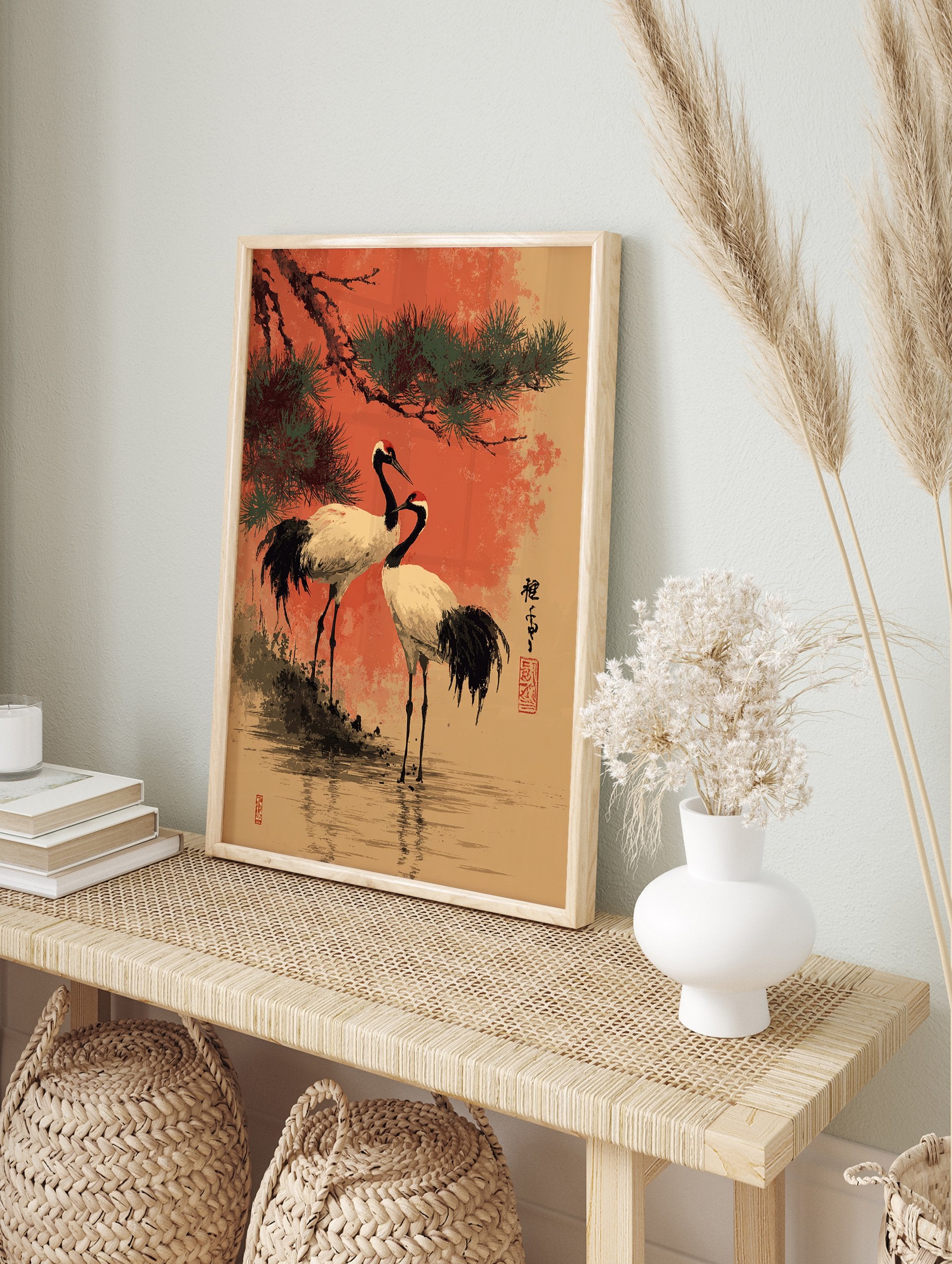 Japanese Crane Wall Art depicting two red-crowned cranes under a pine tree in traditional art style with an orange background. - Image 3
