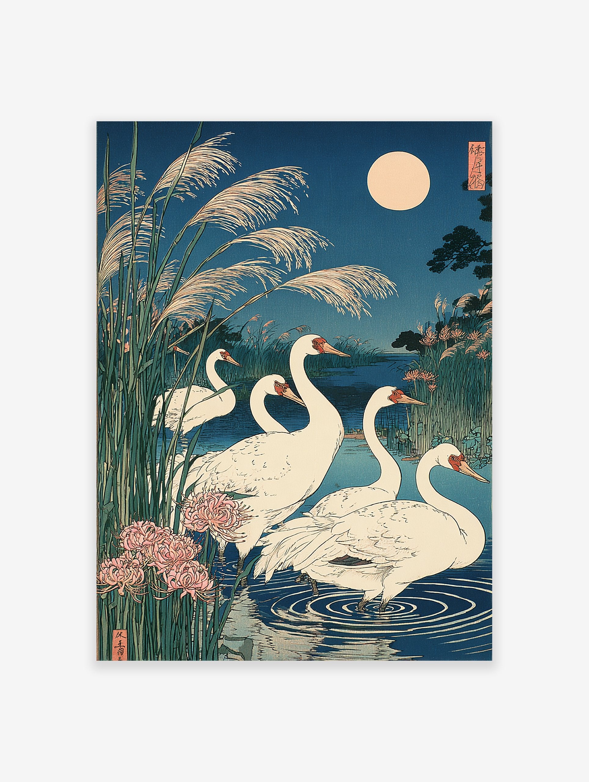 Japanese Ukiyo-e crane wall art print showing white cranes in a deep blue moonlit pond with reeds and pink flowers.
