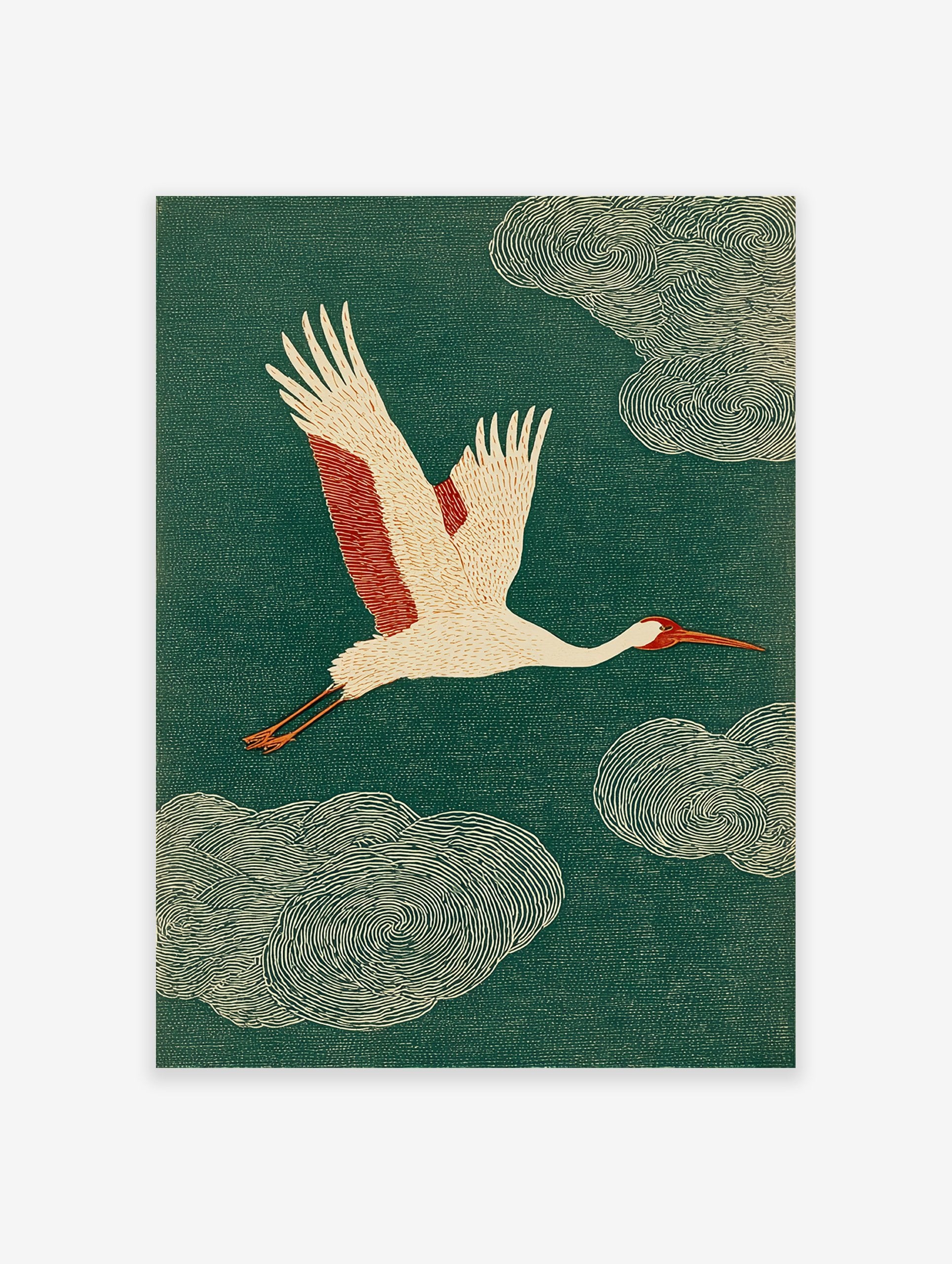 Japanese Ukiyo-e style crane art print with white and red bird flying against a textured dark green background.