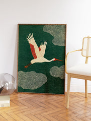 Japanese Ukiyo-e style crane art print with white and red bird flying against a textured dark green background. - Image 2