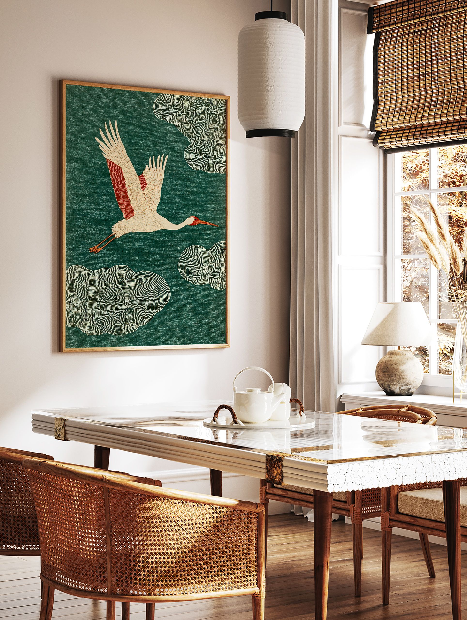 Japanese Ukiyo-e style crane art print with white and red bird flying against a textured dark green background. - Image 3