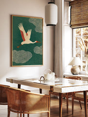 Japanese Ukiyo-e style crane art print with white and red bird flying against a textured dark green background. - Image 3