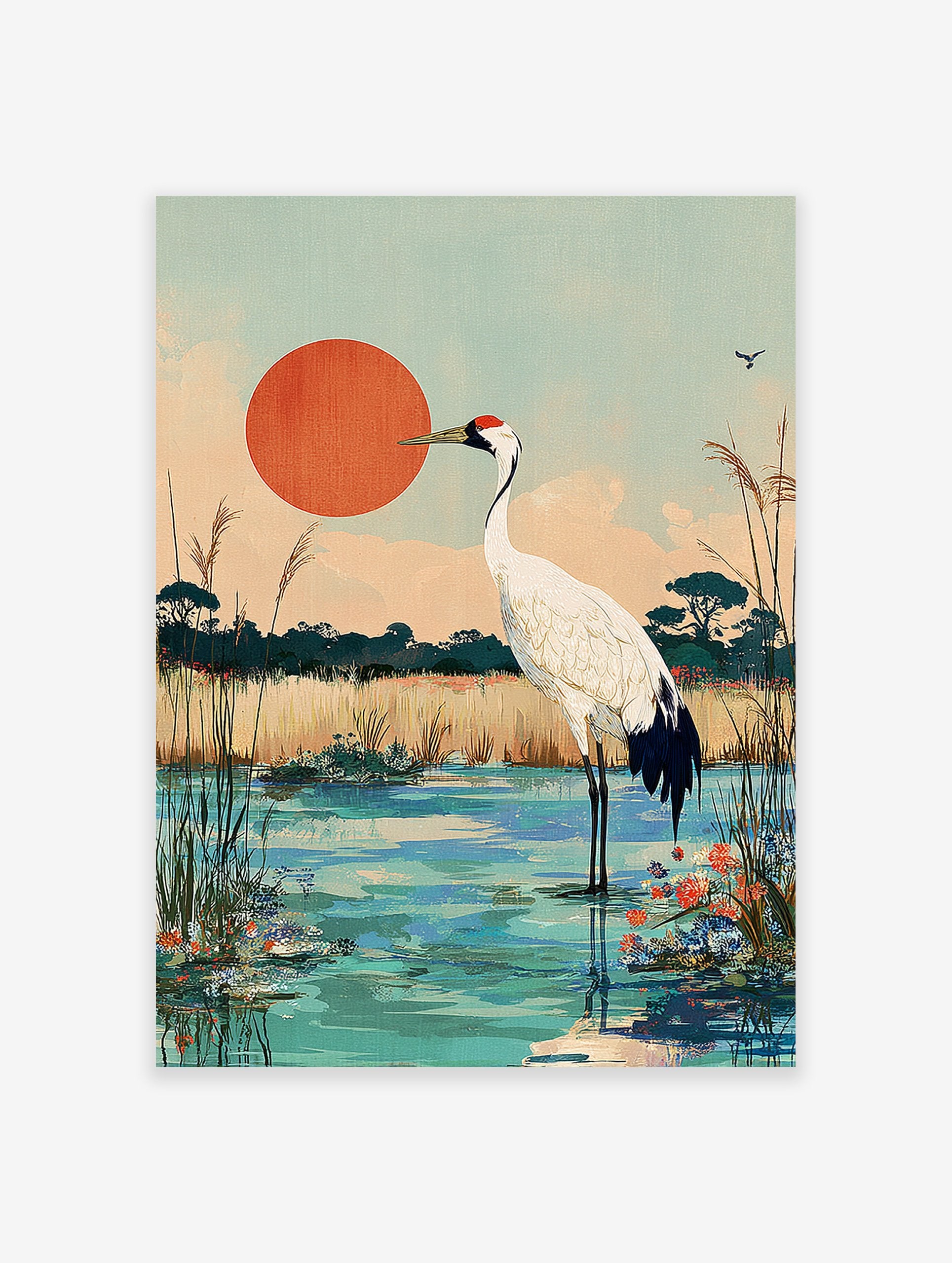 Japanese Red-crowned Crane standing in a wetland with tall grasses and a large red sun in Ukiyo-e style art print.