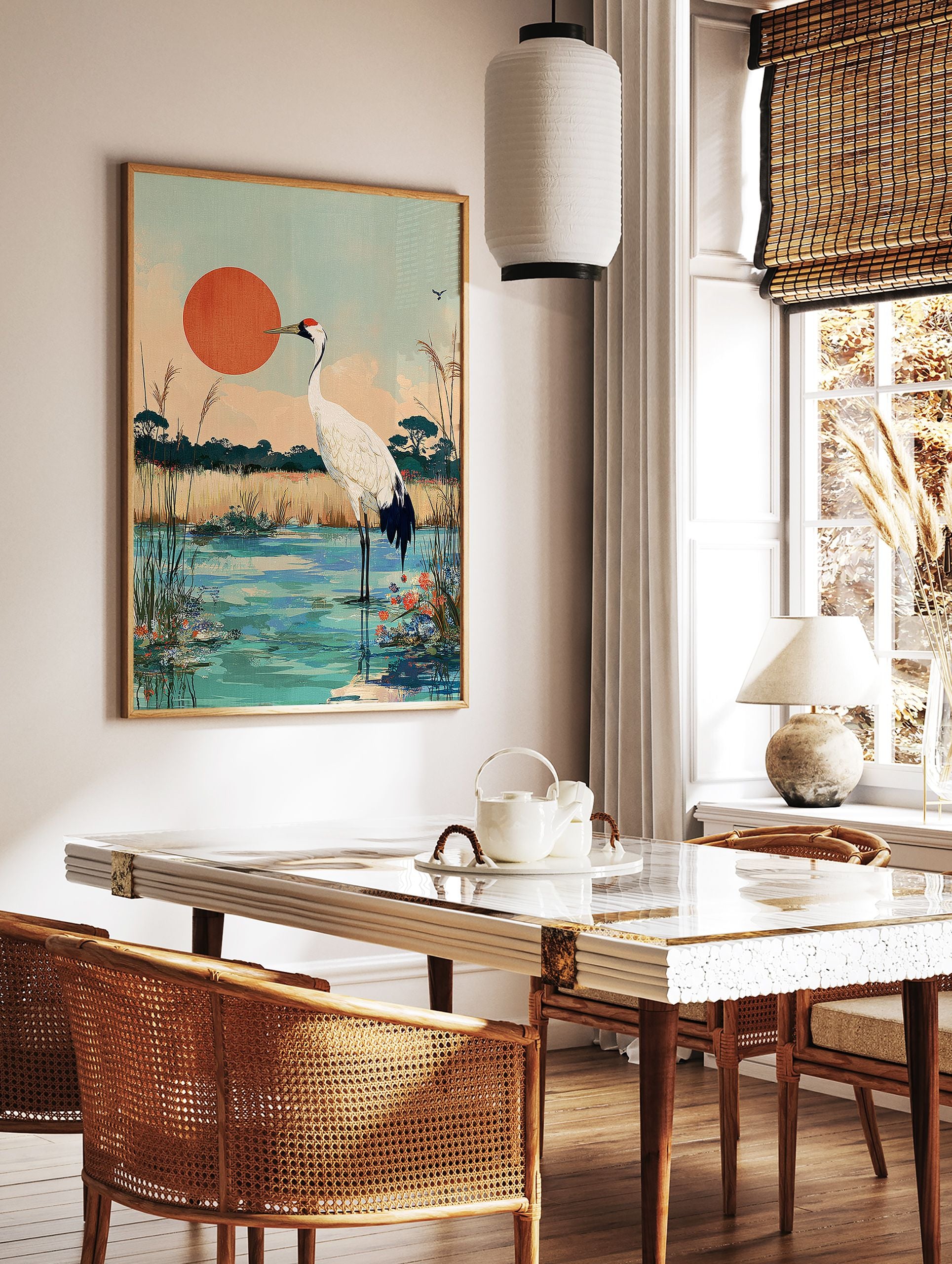 Japanese Red-crowned Crane standing in a wetland with tall grasses and a large red sun in Ukiyo-e style art print. - Image 2