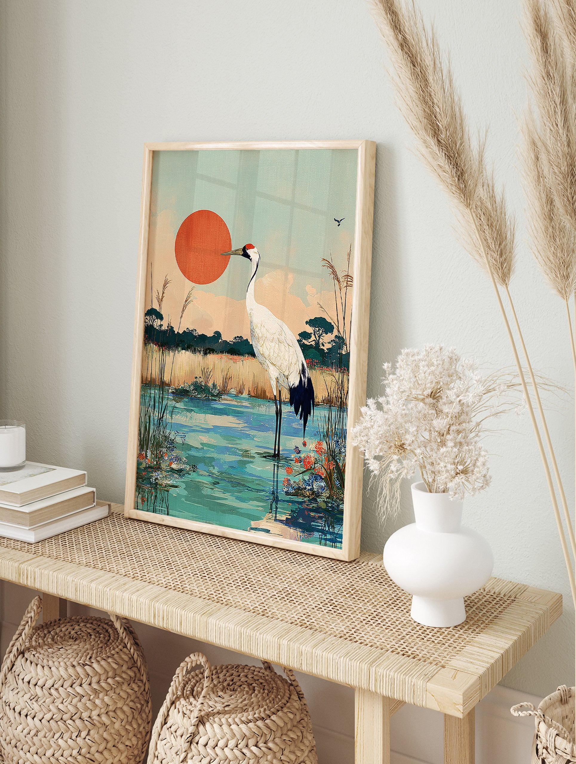 Japanese Red-crowned Crane standing in a wetland with tall grasses and a large red sun in Ukiyo-e style art print. - Image 3