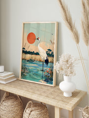 Japanese Red-crowned Crane standing in a wetland with tall grasses and a large red sun in Ukiyo-e style art print. - Image 3