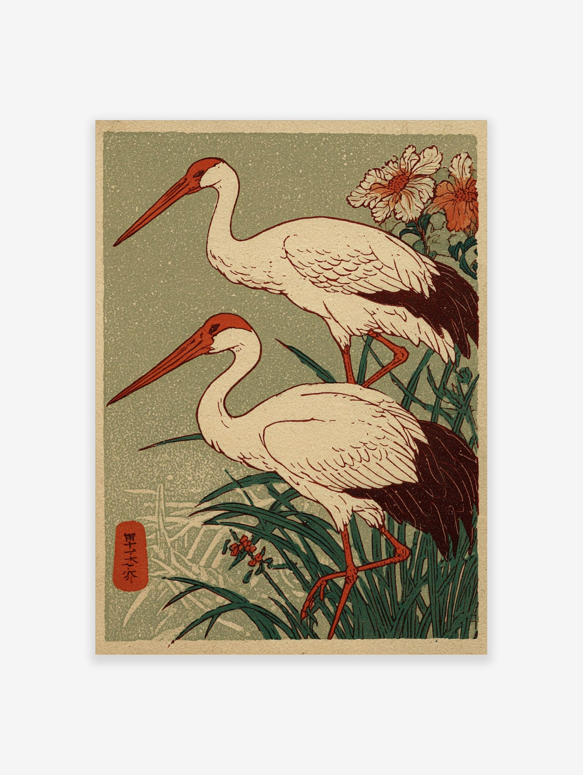Two Japanese cranes with red beaks and dark tails stand in green reeds, woodblock print style