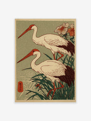 Two Japanese cranes with red beaks and dark tails stand in green reeds, woodblock print style