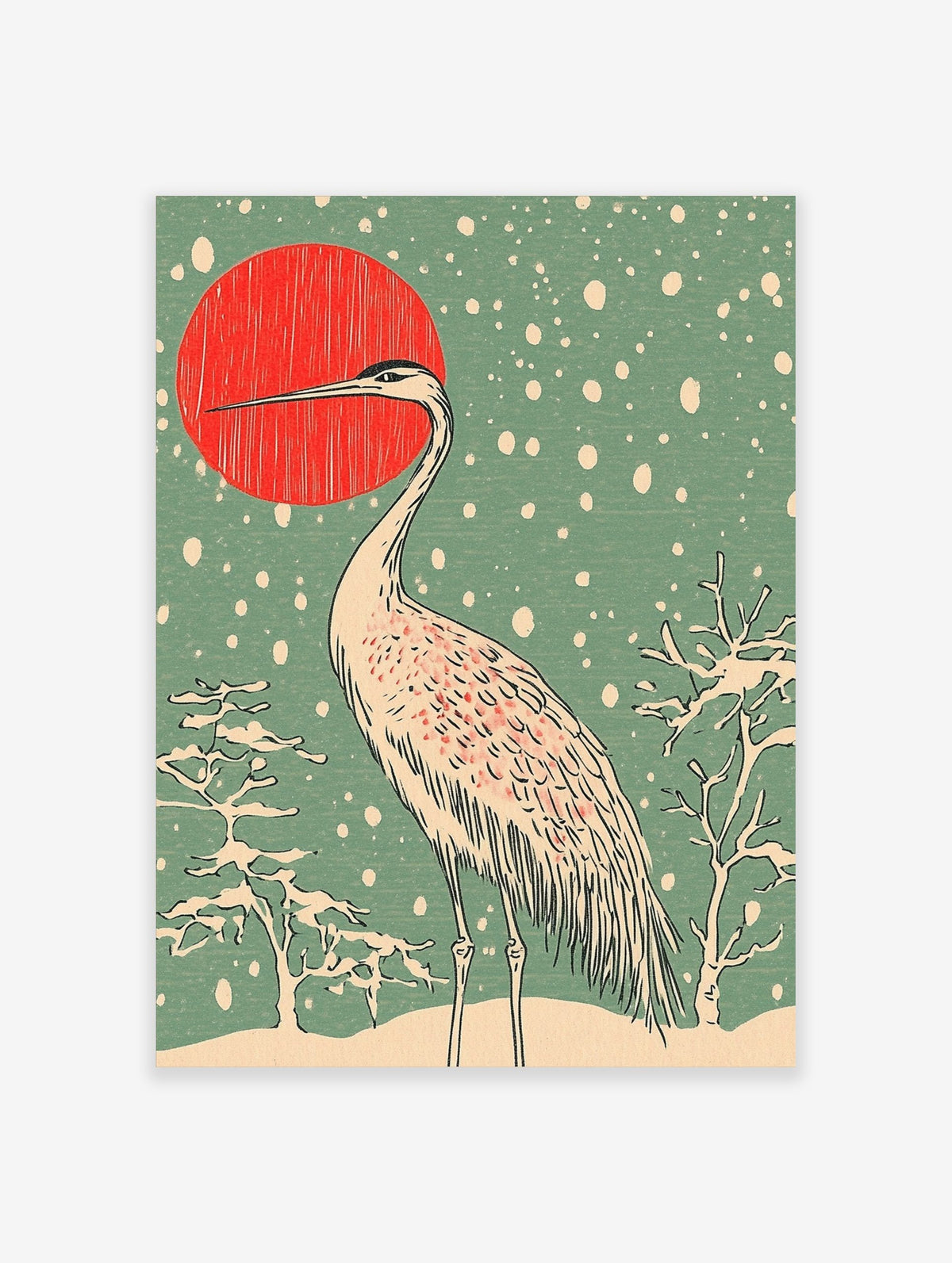 Japanese crane standing in snow with red sun and snowflakes in woodblock print art style