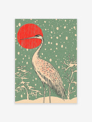 Japanese crane standing in snow with red sun and snowflakes in woodblock print art style
