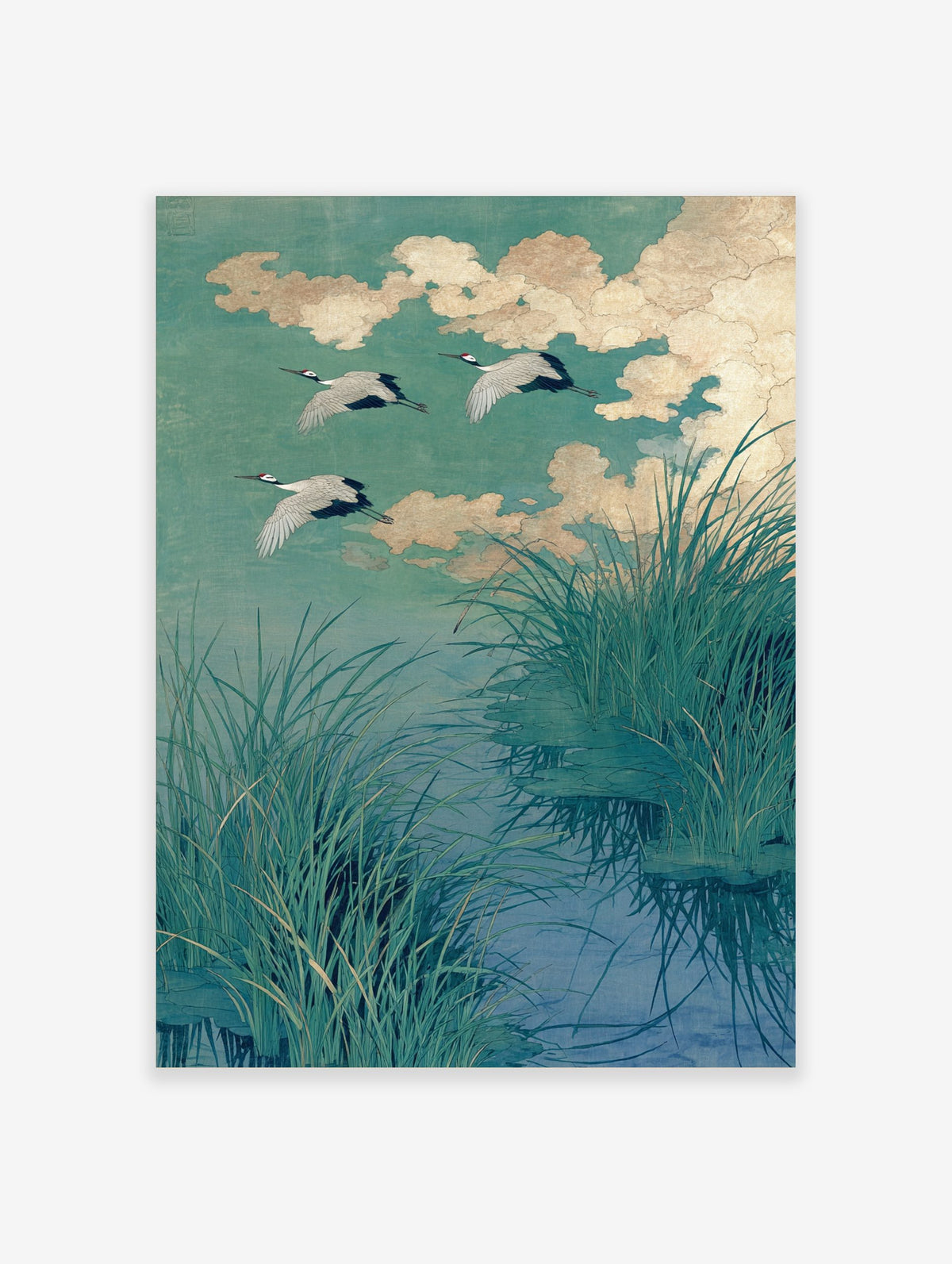 Japanese cranes in flight over water with green reeds and golden clouds, illustrative art print