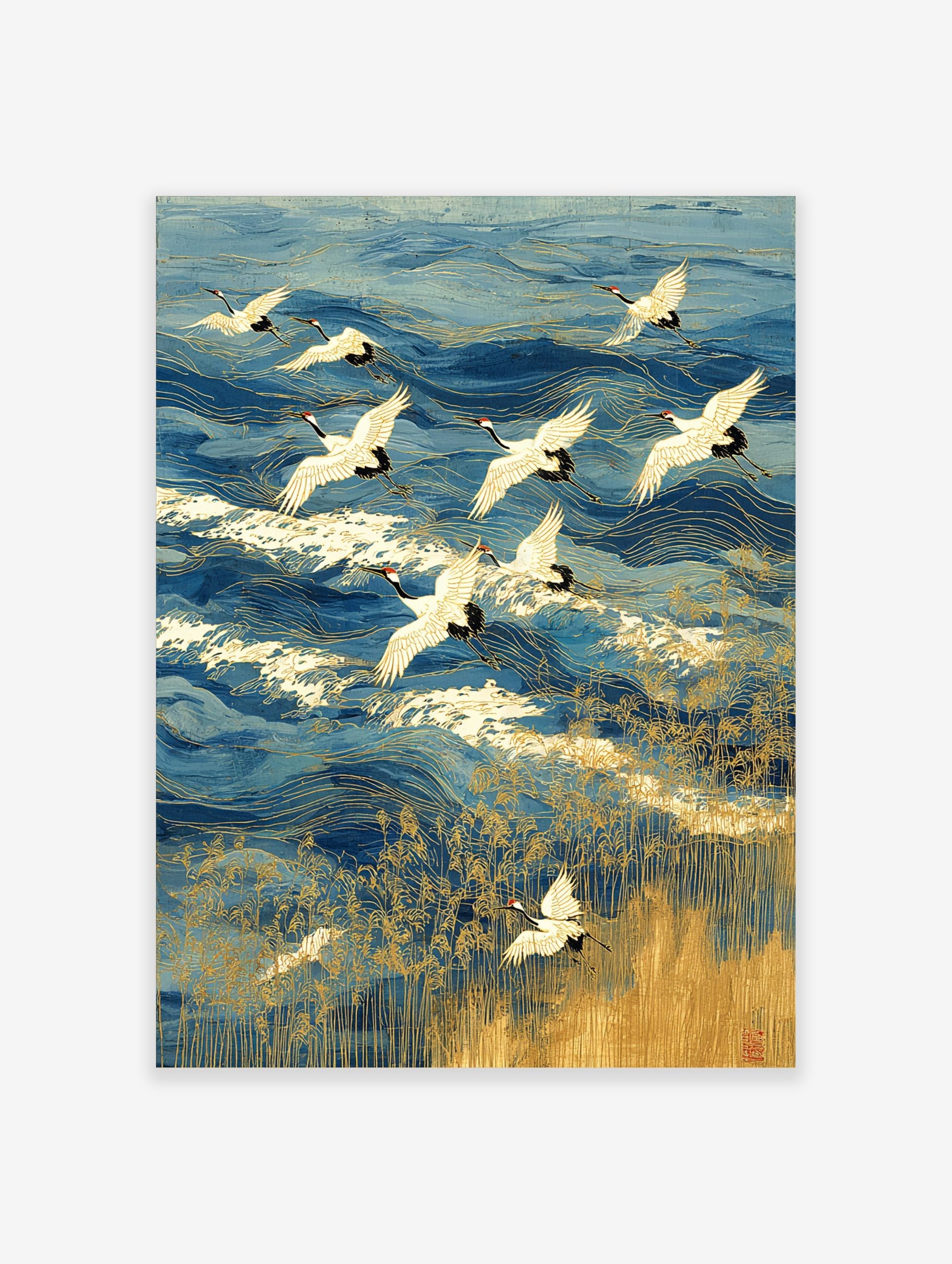 Japanese Red-crowned cranes flying over blue ocean waves with gold outlines and golden reeds