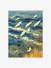 Japanese Red-crowned cranes flying over blue ocean waves with gold outlines and golden reeds